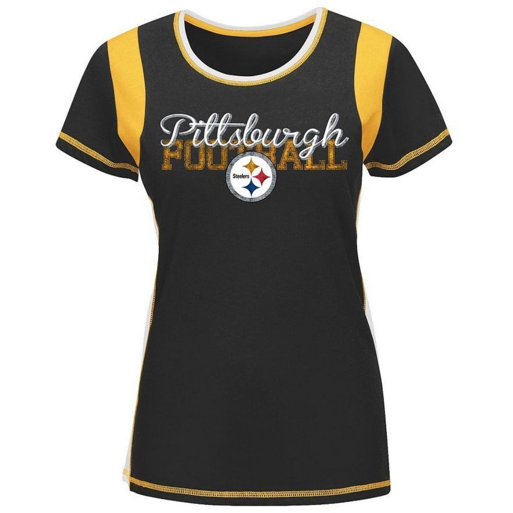 Majestic Pittsburgh Steelers NFL Pride Playing V Colorblock Tee Shirt Women M L